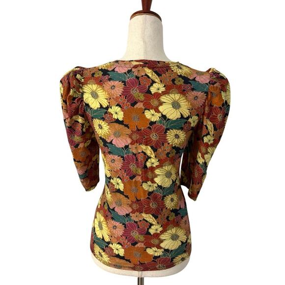 NATION LTD Floral Puff‑Sleeve Shirred Pima Cotton Floral Top Women’s Size Large - Picture 3 of 5